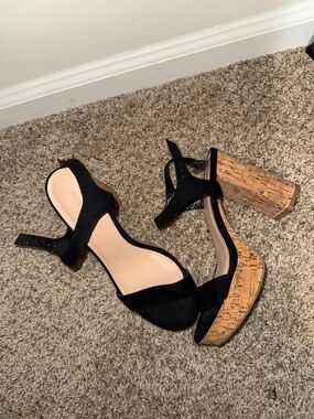 Forever 21 Black Cork Platform Block Heel Sandals